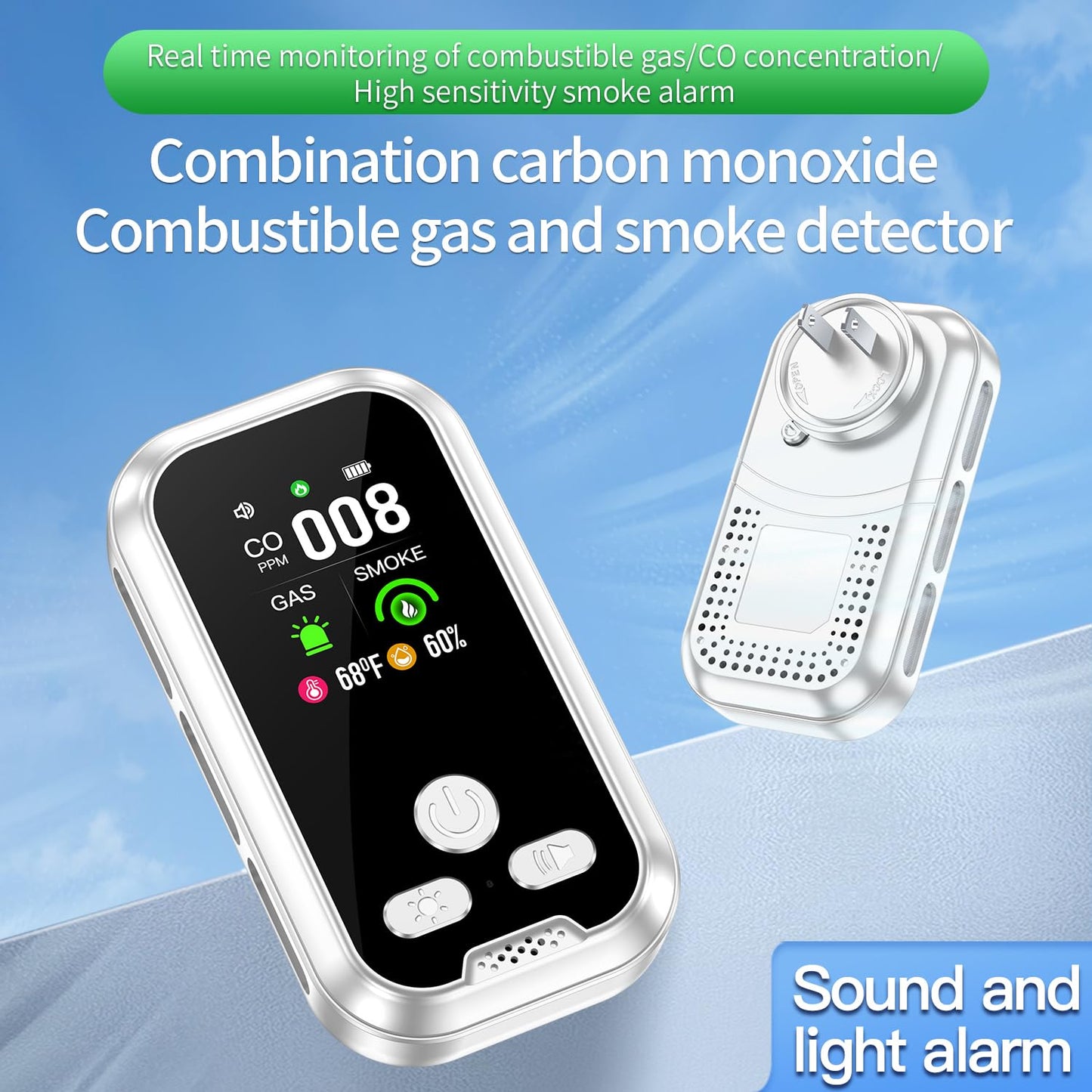 HAKINAKU 2Pack 5IN1 Plug in Smoke & Carbon Monoxide Detector & Combustible Natural Gas Combination Builti-in Backup Battery HD Screen [Smoke Gas CO Temp Humidity Sensor] for Home Hotel Travel (White)