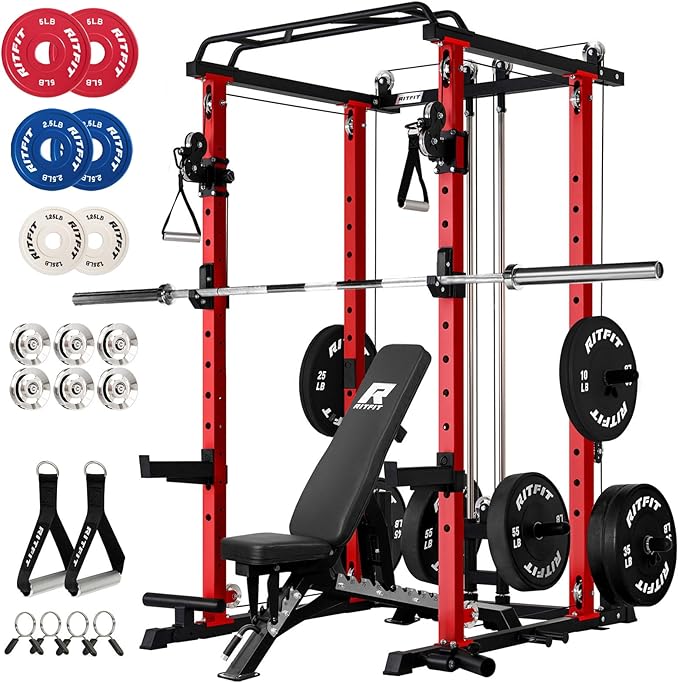 RitFit Multi-Function Garage & Home Gym Package Includes 1200LBS Power Cage PPC03/P3 with Cable Crossover System, Weight B...