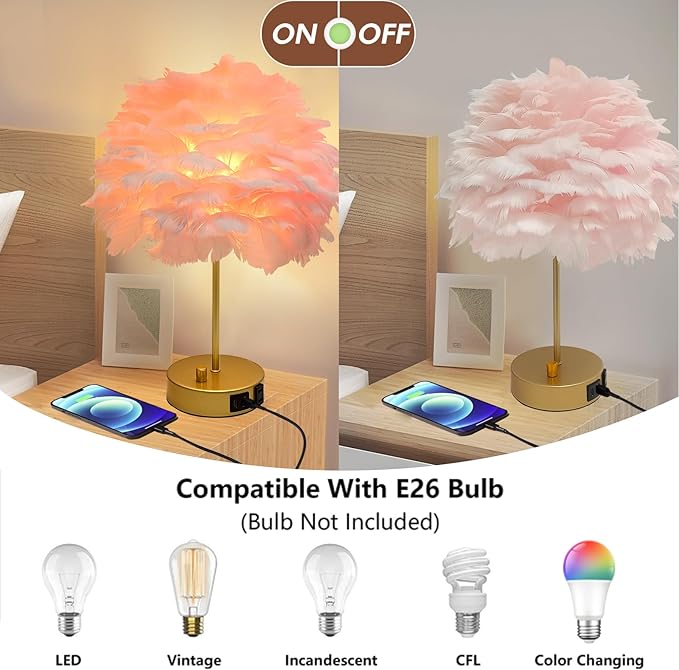 ZYLEIESENBAO Pink Feather USB Charger Table Lamp Feather Bedside Lamp Cute Nightstand Lamp with Outlets Princess Desk Light for Girl Bedroom Living Room Entryway Hotel Wedding Women's Gift Decoration
