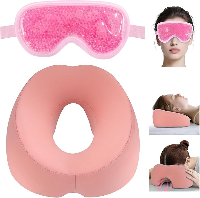 Face Down Pillow Massage Headrest for Bed Massage Head Holder w/ Gel Eyemask At Home Salon Breathable Foam Face Down Pillow After Eye Surgery Vitrectomy Recovery Sleeping Massage Face Cradle for Bed