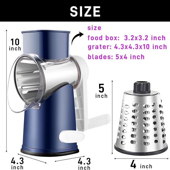 Rotary Cheese Grater with 4 Blades, Hand Crank Cheese Grater with Waffle Slicer, Black and White Cheese Slicer with Suction Base, Easier for Shredding& Grating (Blue, 4 Graters)
