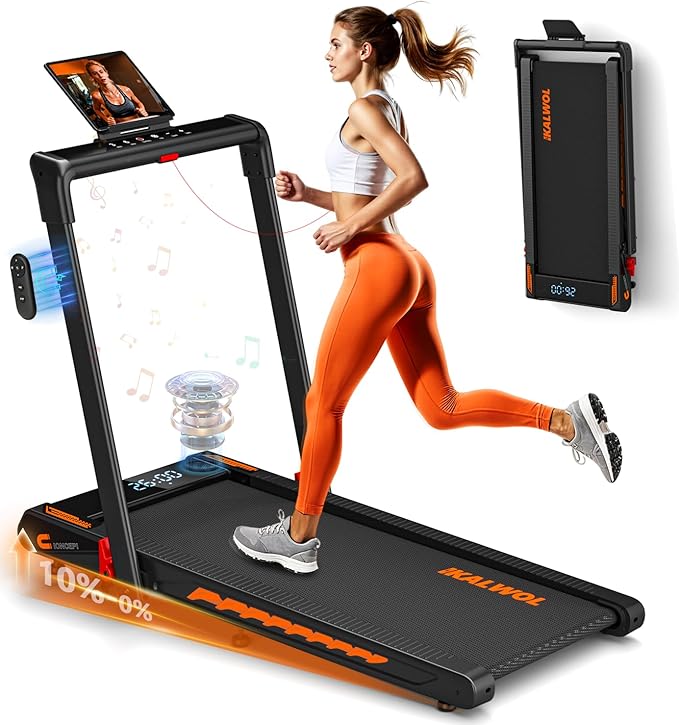 Treadmill with Speaker, 6-in-1 7.5MPH Foldable Treadmill for Home with App Compatible, Walking Pad with 10% Incline, LED D...