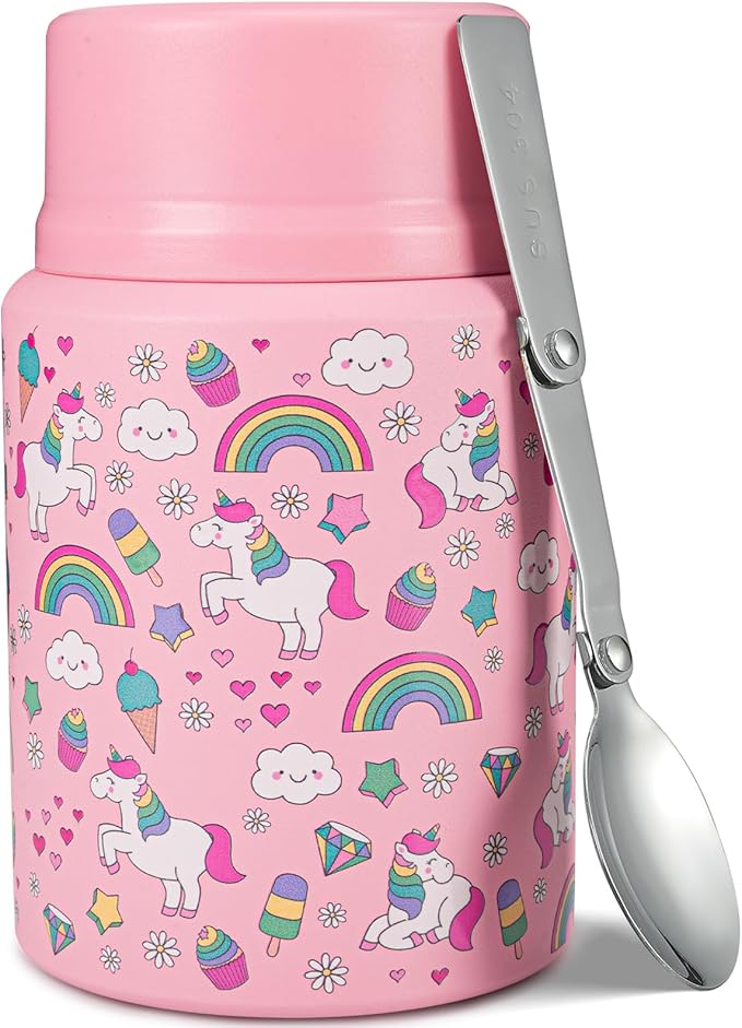 Charcy 17oz Thermo for Hot Food, Soup Thermo Food Container for Lunch Box with Folding Spoon ZB - Pink Unicorn S