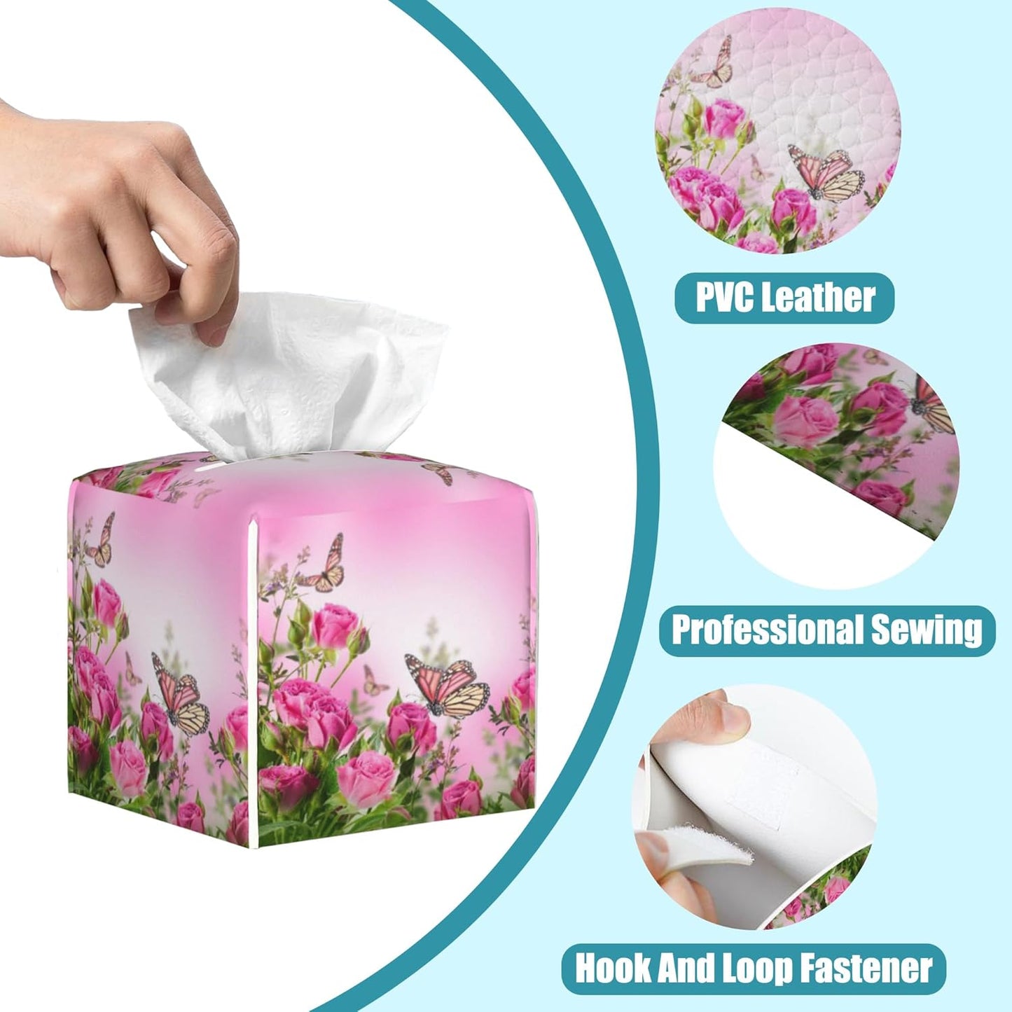 Roses Floral Bush Leather Tissue Holder,Flying Butterfly Square Tissue Box Cover,Modern Decorative Facial Tissue Paper Cover for Car Bedroom Nightstand Vanity Desk Office Table Top,5.2" x 5.2" x 5.2"