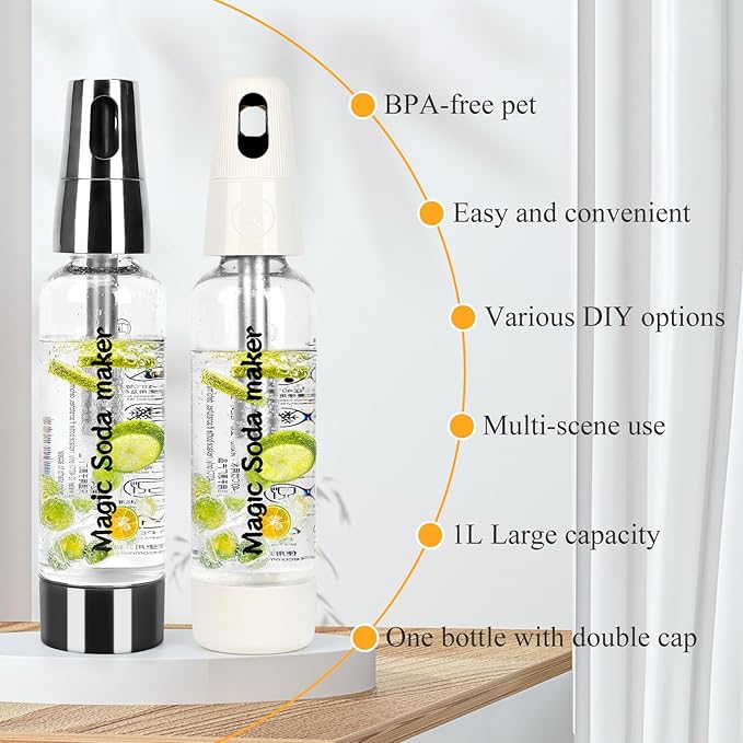 Portable Soda Siphon, 1L Travel Sparkling Water Maker Machine for Home & Outdoor, Carbonated Water Soda Streaming Machine, Soda Maker for Cocktails or Fizzy Drink, 8 gram CO2 Cartridges(Not Included)