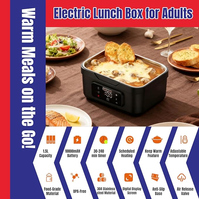 Cordless Electric Lunch Box, Heated Portable Food Warmer with 10000mAh Battery, 1L/1.5L Capacity, 3-Modes for Office Car Travel