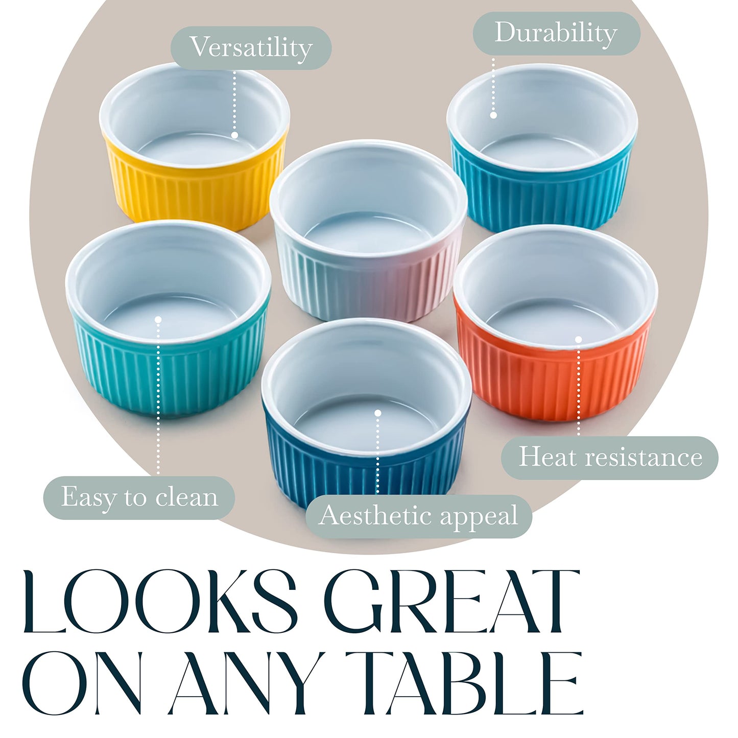Bellemain 4 oz Porcelain Mini Bowls | Ramekins, Custard Cups, Mini Cheesecake Pans, Small Baking Dish, Dipping Sauce Bowls, Small Casserole Dishes, Ramekins Oven Safe to 500F, Set of 6 (Multi)