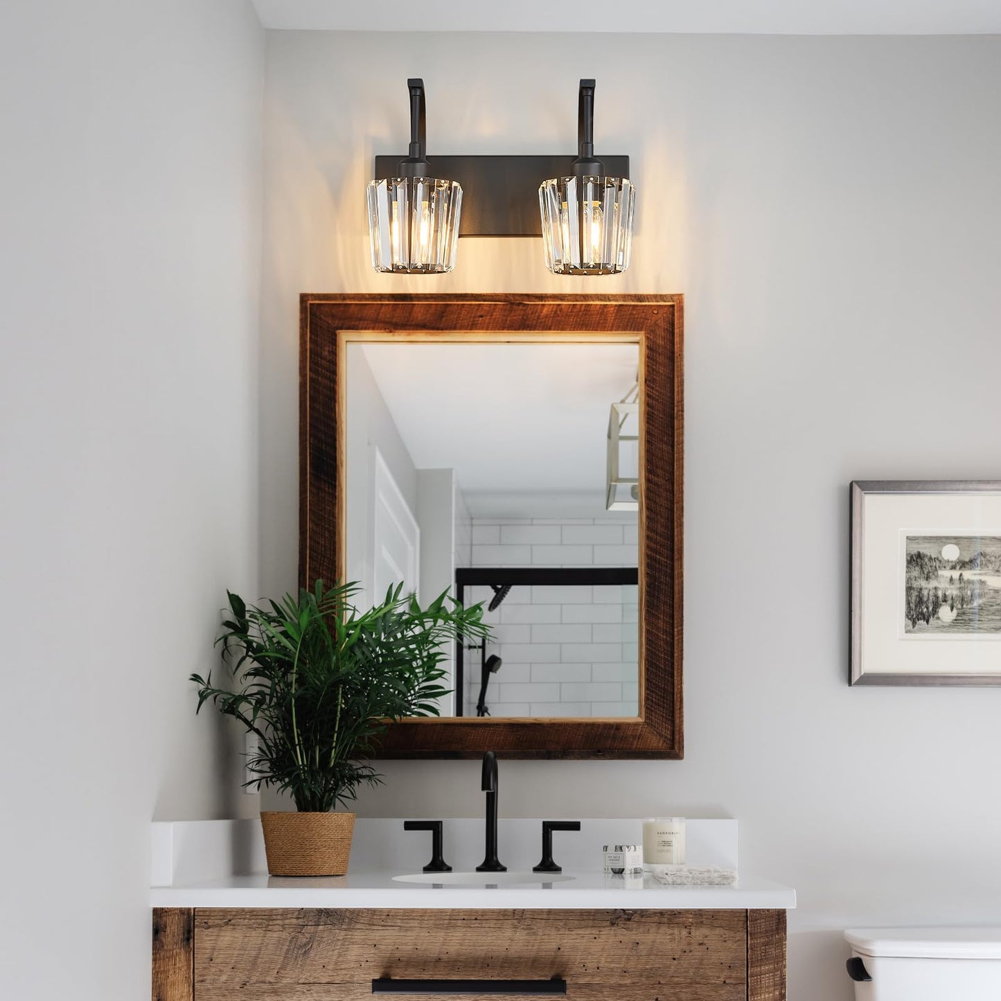 Fdpby Modern Bathroom Vanity Light  2-Light Black Wall Sconce With Crystal Accents  Over Mirror Bathroom Lighting Fixture  13.77 Long Dimmable Vanity Lamp For Makeup  Easy Installation