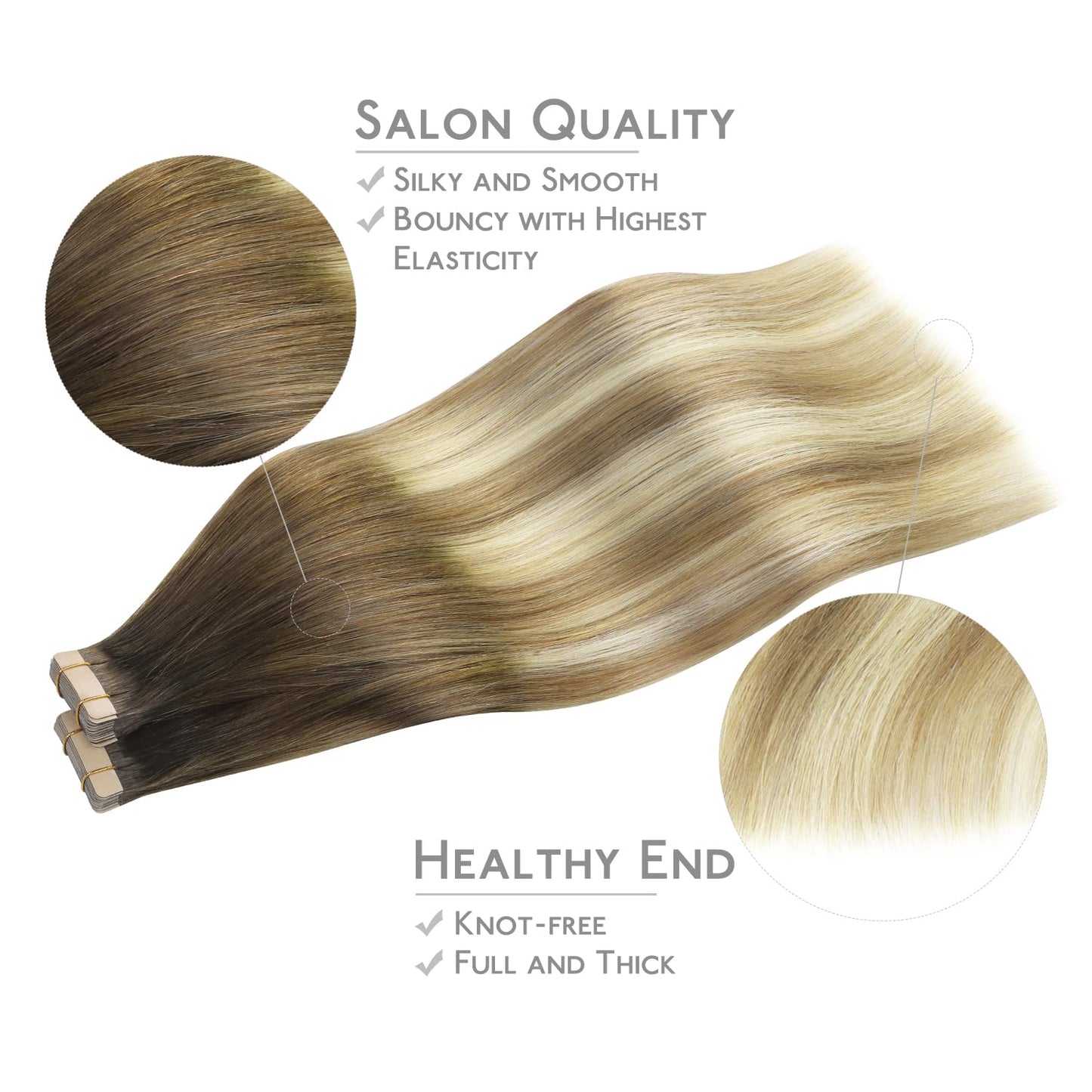 WENNALIFE Tape in Hair Extensions Human Hair, 40pcs 60g 10 inch Ombre Walnut Brown to Ash Brown and Bleach Blonde Hair Extension