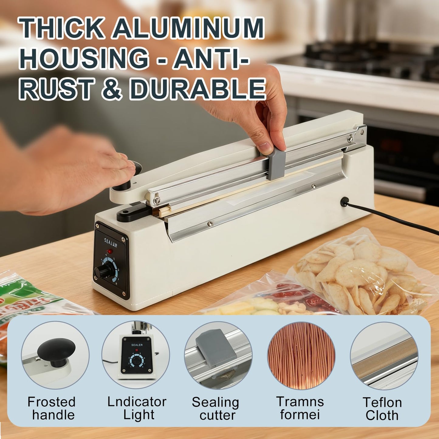 R-PACK Impulse Heat Sealer with Sealing Bar: Heavy-Duty Bag Sealer with Extra Cutting Blade (White, 12-Inch)