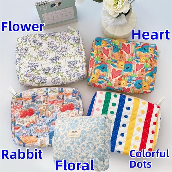 Makeup Bag Travel Essentials Quilted Cosmetic Toiletry Pouch Organizer Insert for Women Dorm Room Essential Gift Large Capacity Opening Lightweight Cute Aesthetic Portable 2PCS (Rabbit)