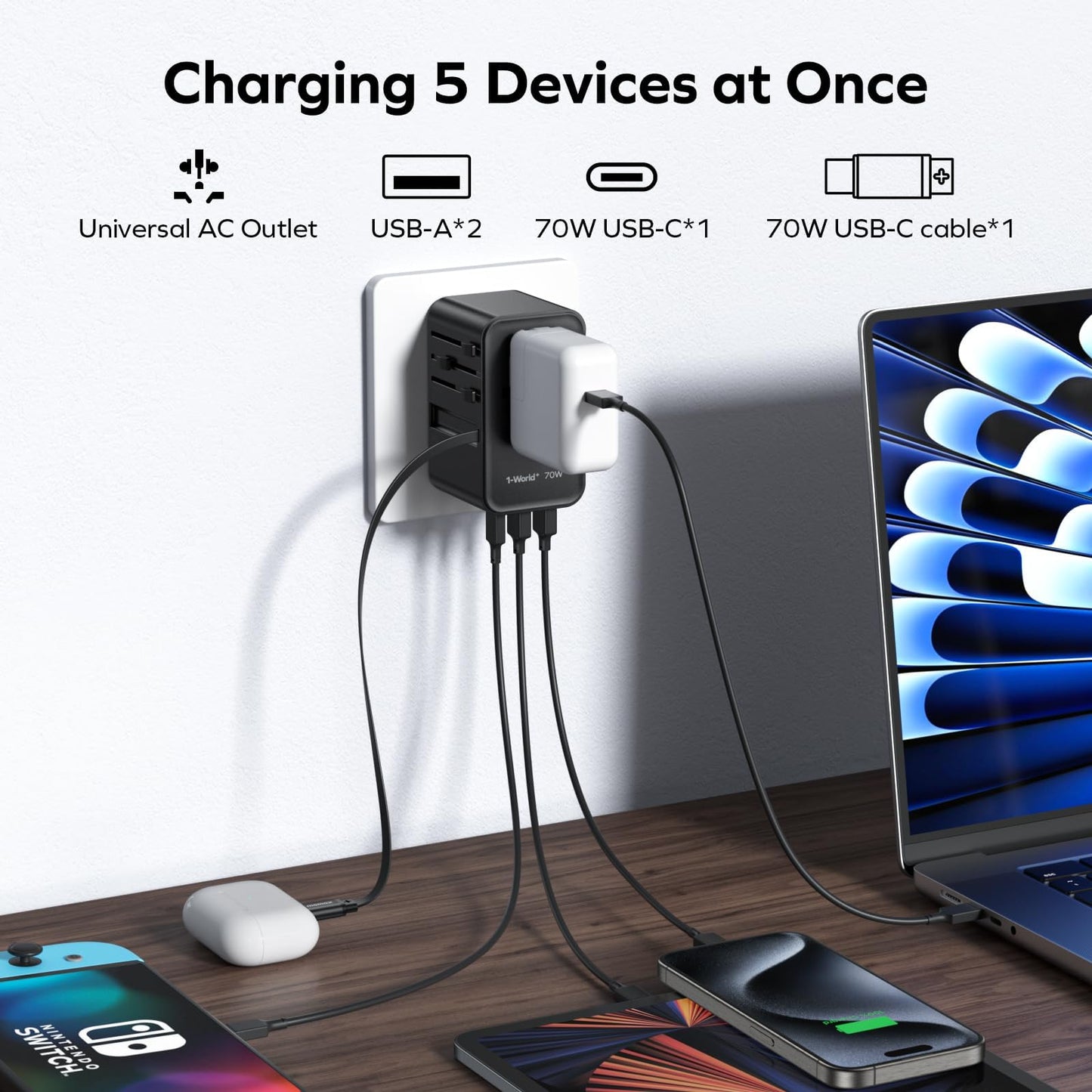 Momax Universal Travel Adapter, International Power Plug Adapter With 1 Usb C (Pd 70W), 2 Usb A Ports, 1Usb-C Cable (Pd 70W), Al