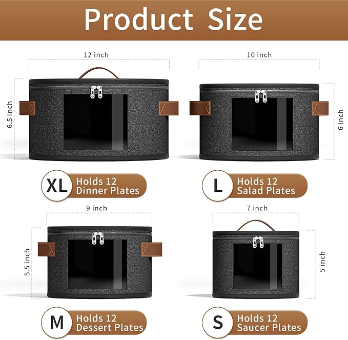 4 Piece Stemware Storage Containers, China Storage Containers with Clear Windows, Hard Shell Dish Storage with Handles for Dishes, Dinnerware, Plates, Dark Gray
