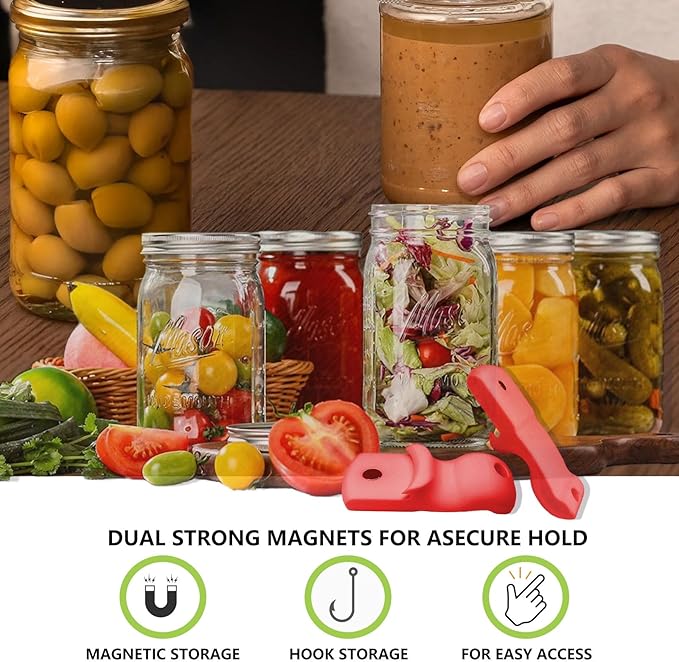 2pcs Canning Jar Opener with Magnets Mason Jar Opener Canning Tool Releases Vacuum Seal on Wide Mouth and Regular Mouth Lids (Red)