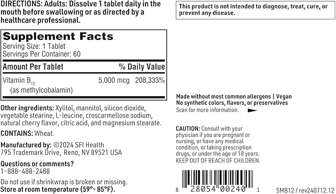 Klaire Labs Methylcobalamin Lozenges - 5000 Micrograms Vitamin B12 for Cognitive & Cardiovascular Support, Hypoallergenic & Natural Cherry Flavor (60 Fast Dissolve Tablets)