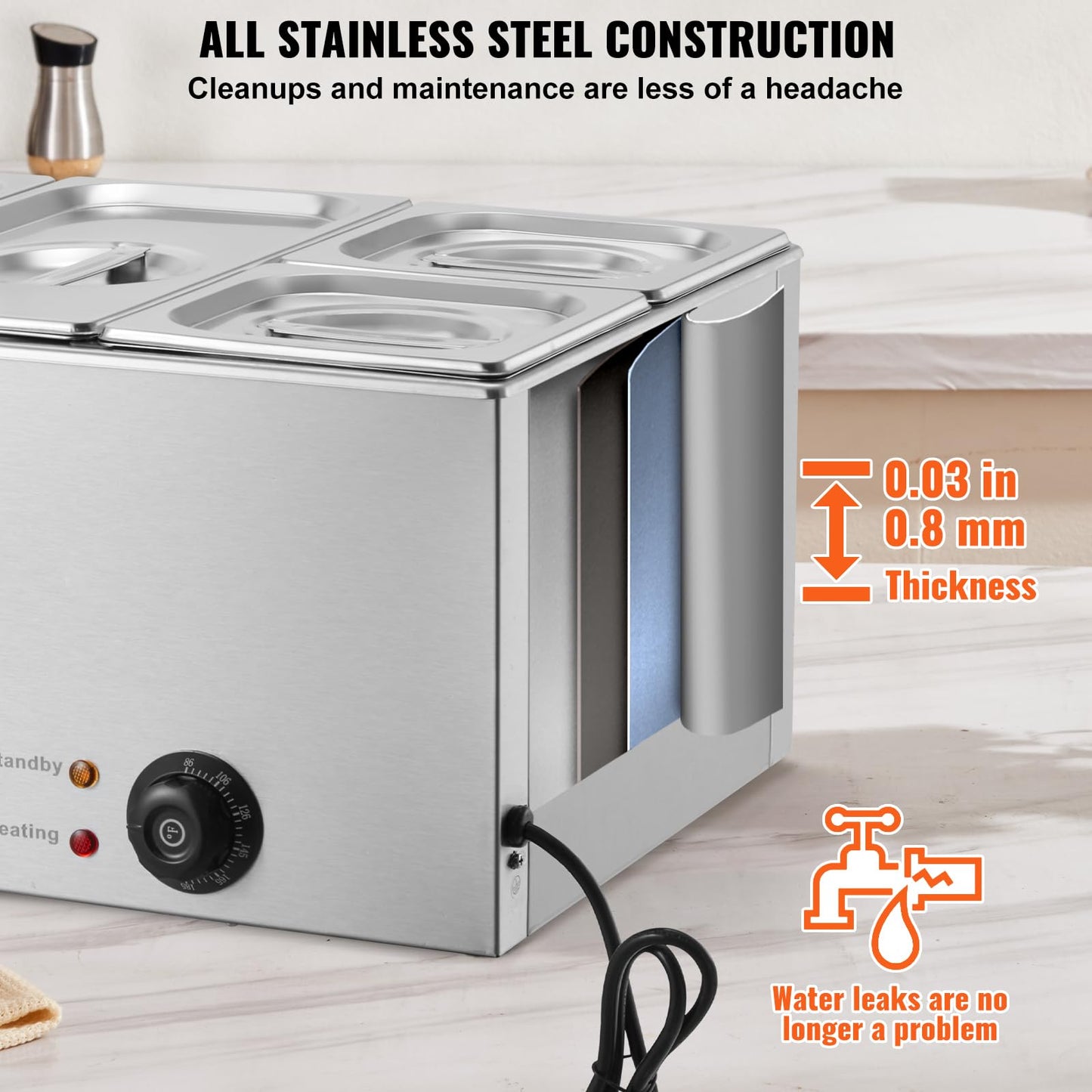 VEVOR 4-Pan Commercial Food Warmer, 24QT Electric Steam Table, 1200W Professional Countertop Stainless Steel Buffet Bain Marie with 86-185°F Temp Control for Catering and Restaurants, Silver
