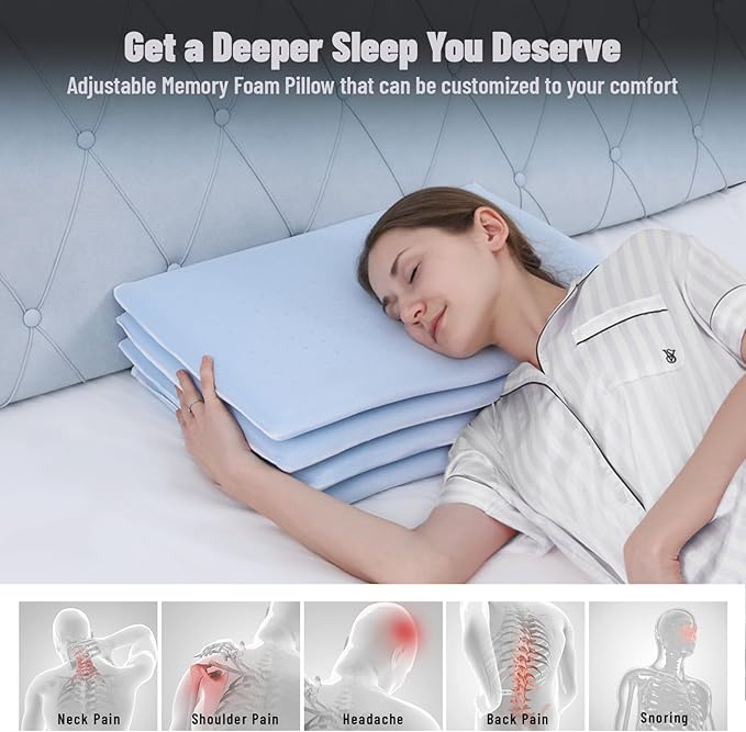 Cervical Neck Thin Pillow Flat Firm Memory Foam Adjustable Pillows from 1.3 to 5.2inch for Stomach Side Back Sleeper with 2 Pillowcases (Blue+Basics)