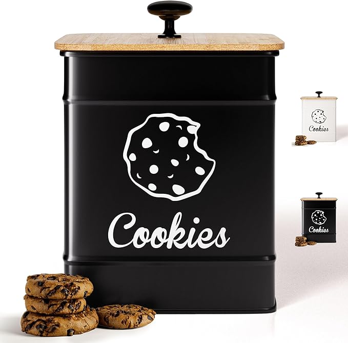 Cookie Jar with Airtight Lid - 1 Gallon - 6"D x 8"H Iron Cookie Tin with Bamboo Lid - Large Cookie Jars with Lids Airtight - Farmhouse Cookie Jars for Kitchen Counter Decorative - Cookies Jar
