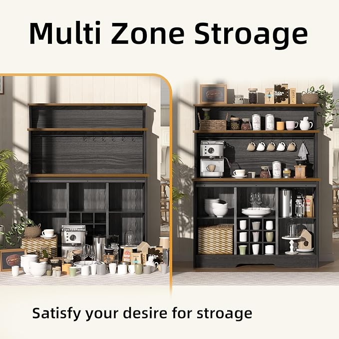 Farmhouse Coffee Bar Cabinet with 3 Tier Storage Hutch, 47'' Coffee Bar Station with Sliding Barn Door, Hutch Storage Cabinet with 9 Wine Racks & 9 Hooks for Kitchen Dining Living Room