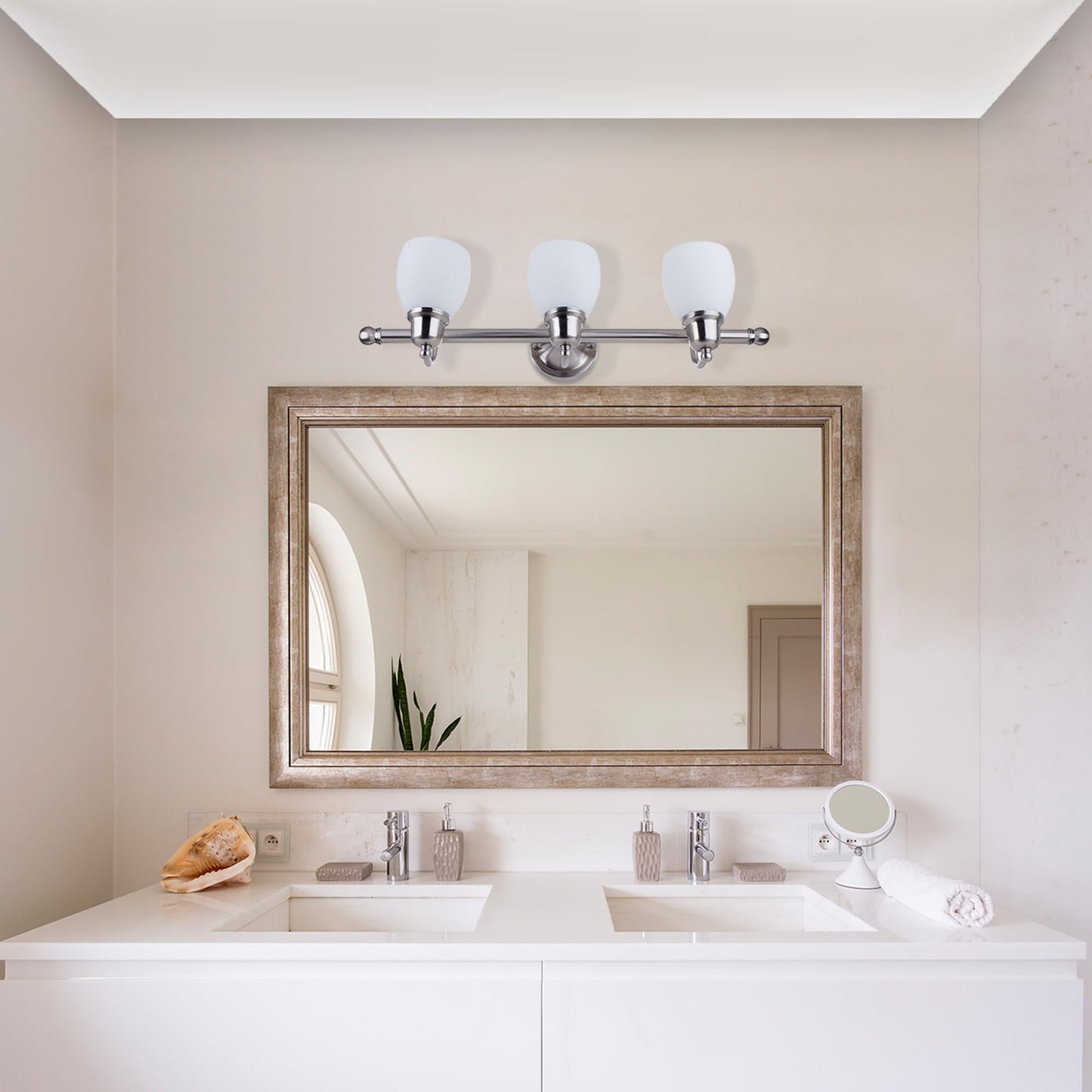 Globe Electric 51229 Jayden 5-Piece Bathroom Set, Satin Nickel, 3-Light Vanity, Glass Shades, 9.84 inches