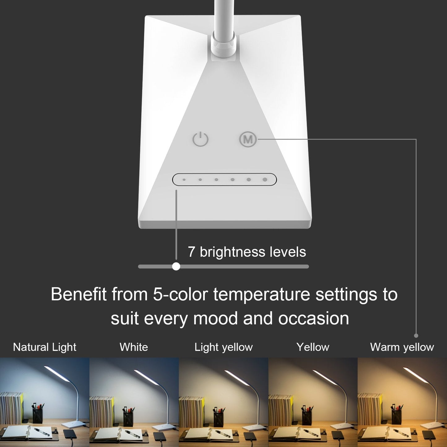 RAOYI LED Desk Lamp, Dimmable 12W Touch Control, 5 Color Modes, 6 Brightness Levels, USB Charging, White, Model LAM10A