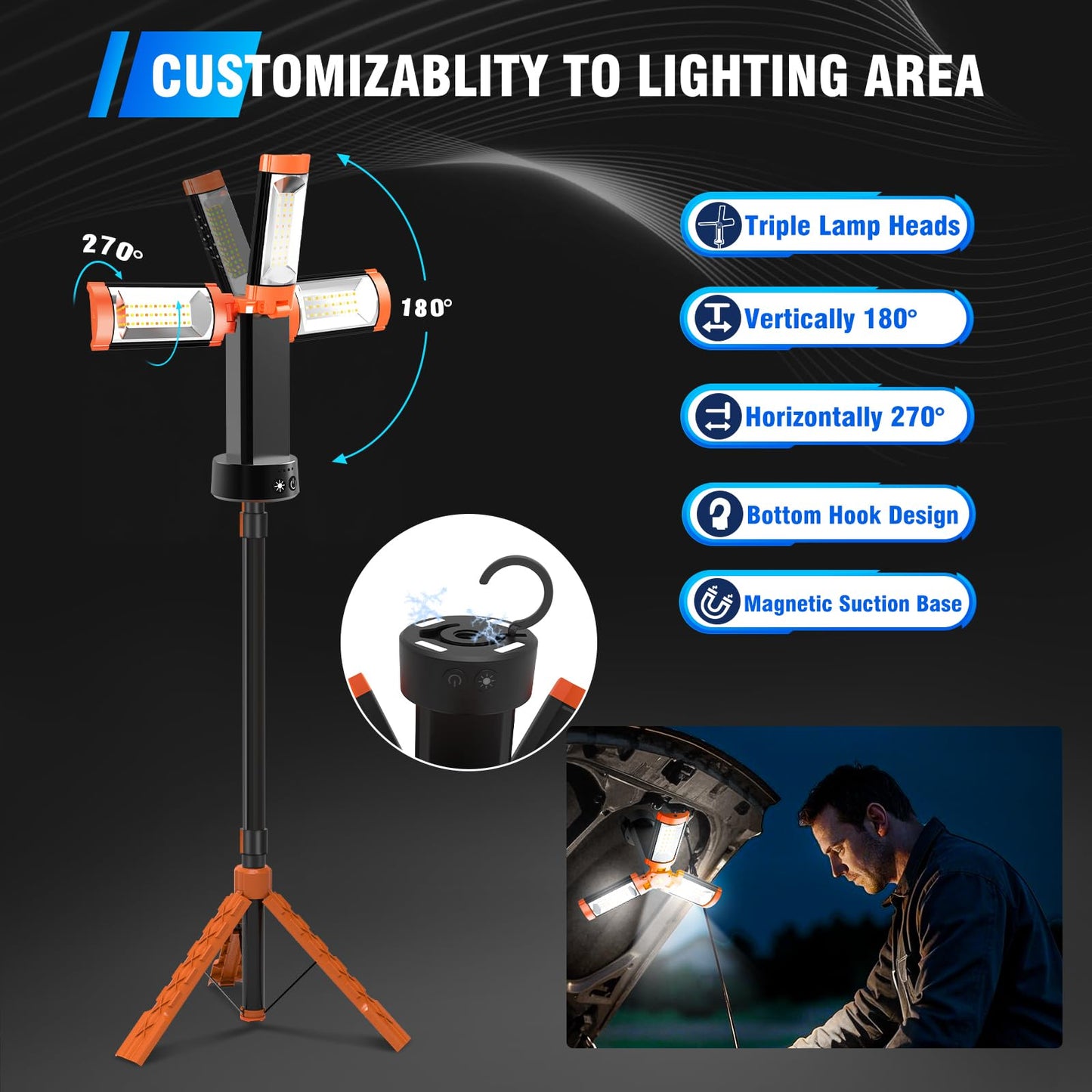 AKOFUN 12000mAh Camping Light with Stand, Rechargeable Work Light, 10000 Lumen Dimmable Cordless Work Light with 3 LED Lamp Heads, Magnetic Emergency Flashlight with 79" Detachable Tripod