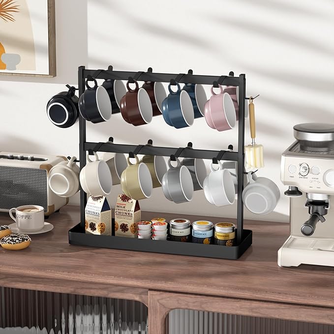 Coffee Mug Holder for Countertop 20 Hooks Mug Tree Rack 2 Tier Counter Cups Mugs Display Stand with Heavy Duty Metal Storage Base for K Cup Kitchen Tea Coffee Bar