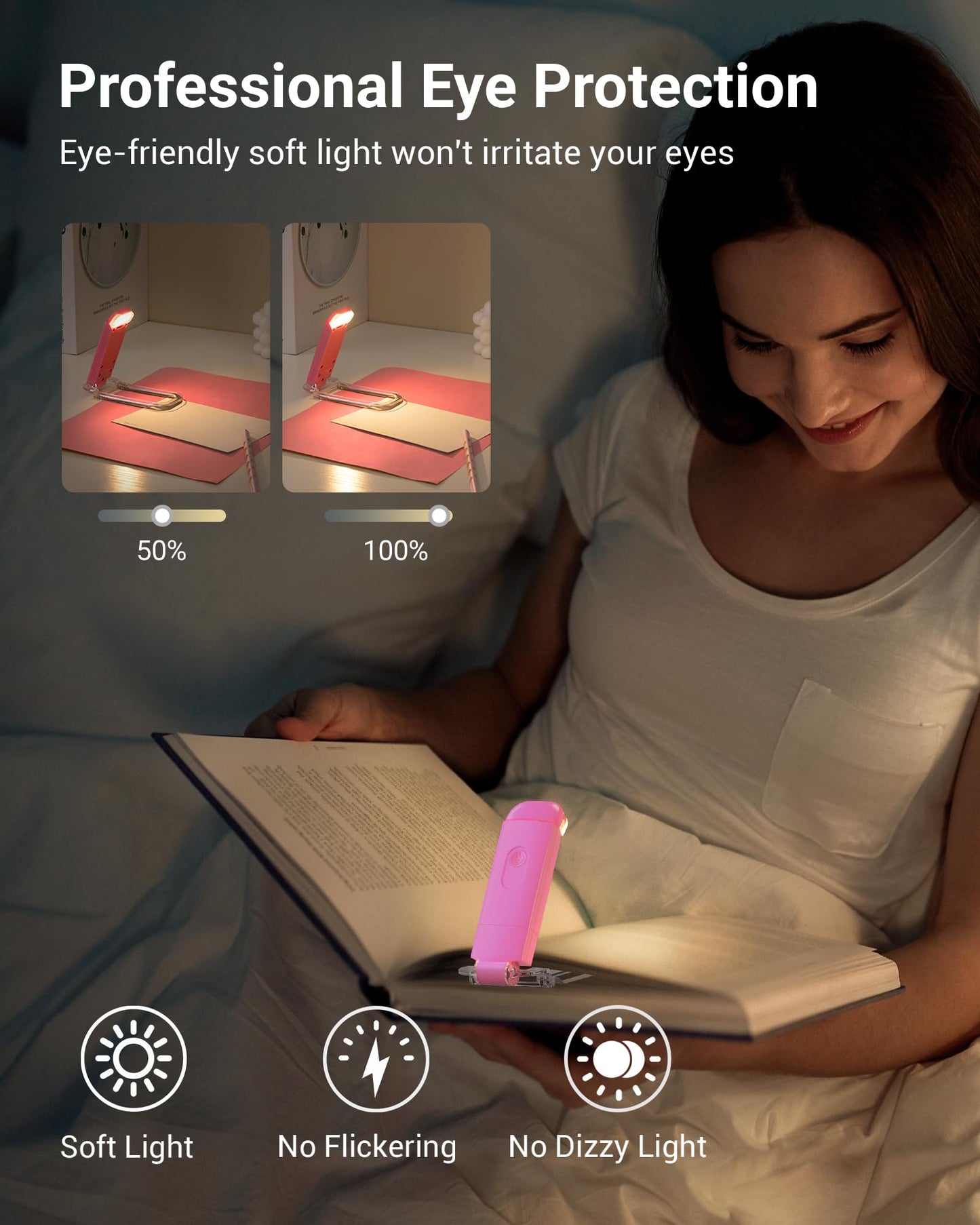 DEWENWILS LED Book Light, USB Rechargeable, Warm White, Brightness Adjustable, Clip-On, Pink