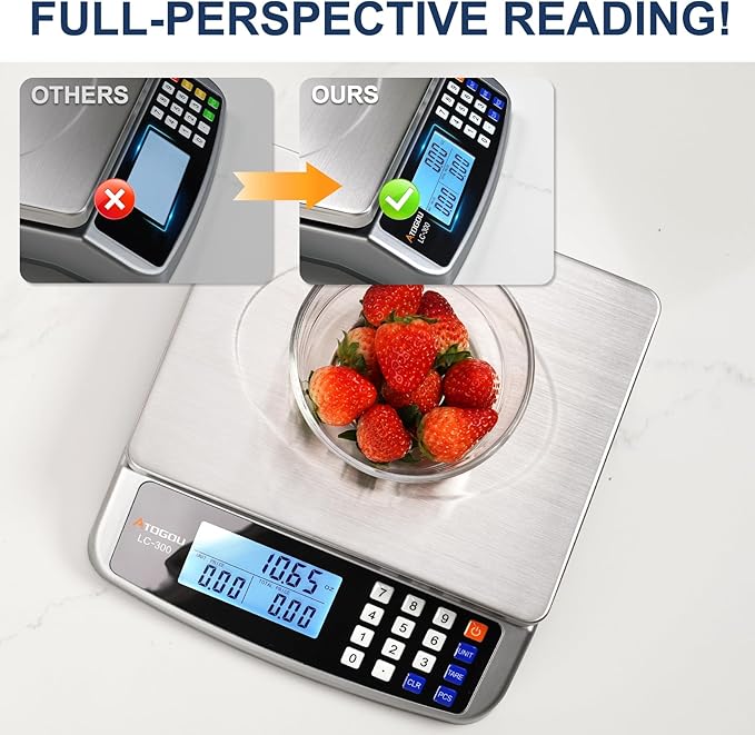 Atogou 110lb Food Scale, Commercial Kitchen Scale with Price Computing, Plug-in Usable, 0.05oz/1g, 304 Stainless Steel, for Cooking, Vegetables, Farm, Industry, Counting. LC300 Grey