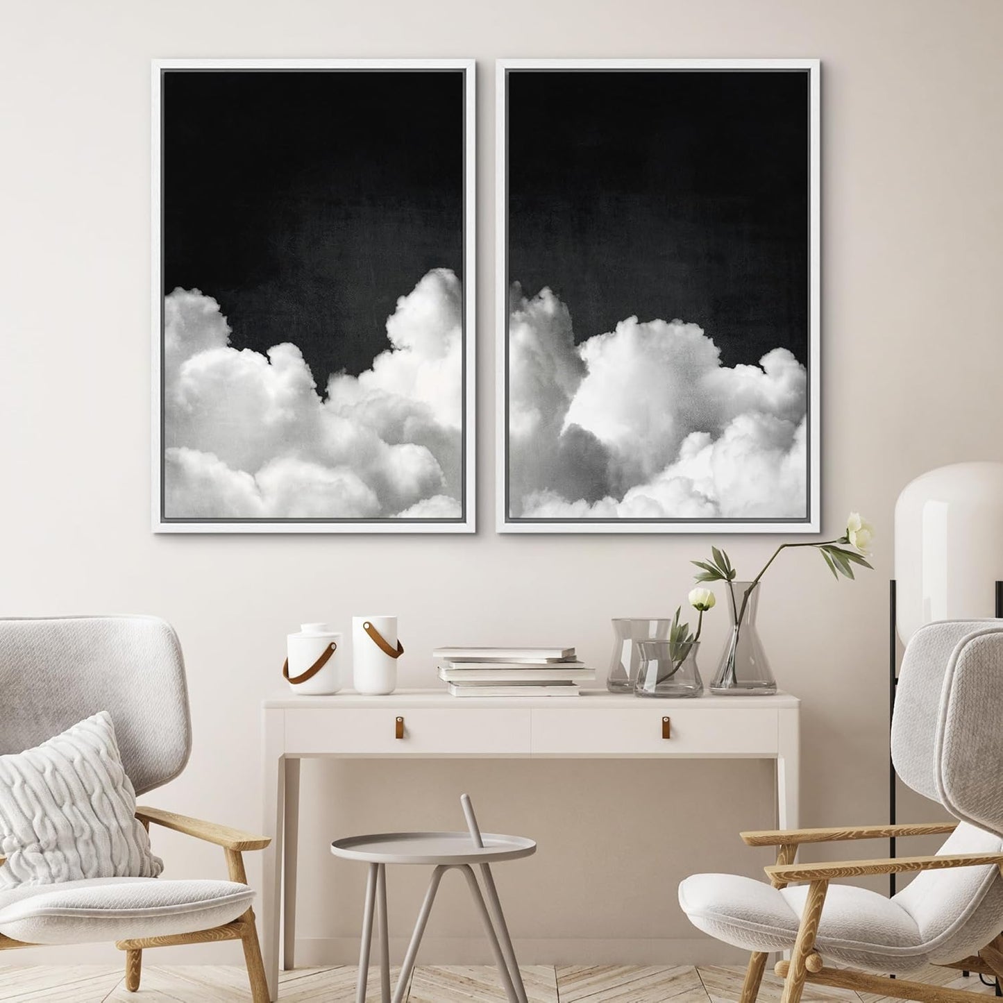 SIGNWIN Framed Canvas Print Wall Art Moody Black and White Cloud Illustrations Modern Art Decorative Contemporary for Living Room, Bedroom, Office - 16"x24"x2 White