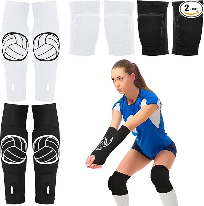 Sosation 2 Set Volleyball Knee Pads and Volleyball Arm Sleeves with Protection Pad Compression Forearm Wrist Guard with Th...