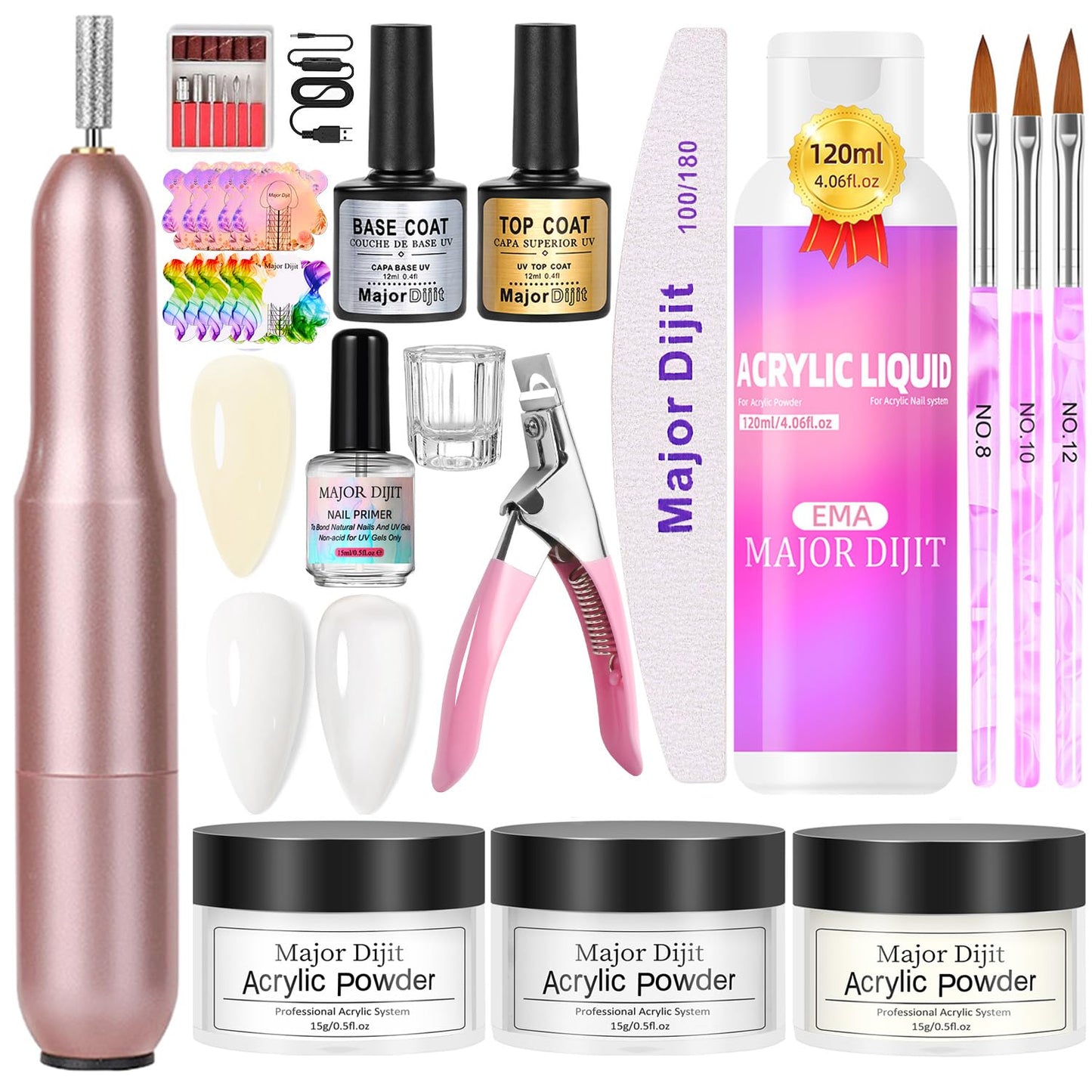 Acrylic Nail Kit with Drill 120ml Liquid Powders Base Coat Top Coat Primer with everything Nails Kit Acrylic Set Manicure Tools