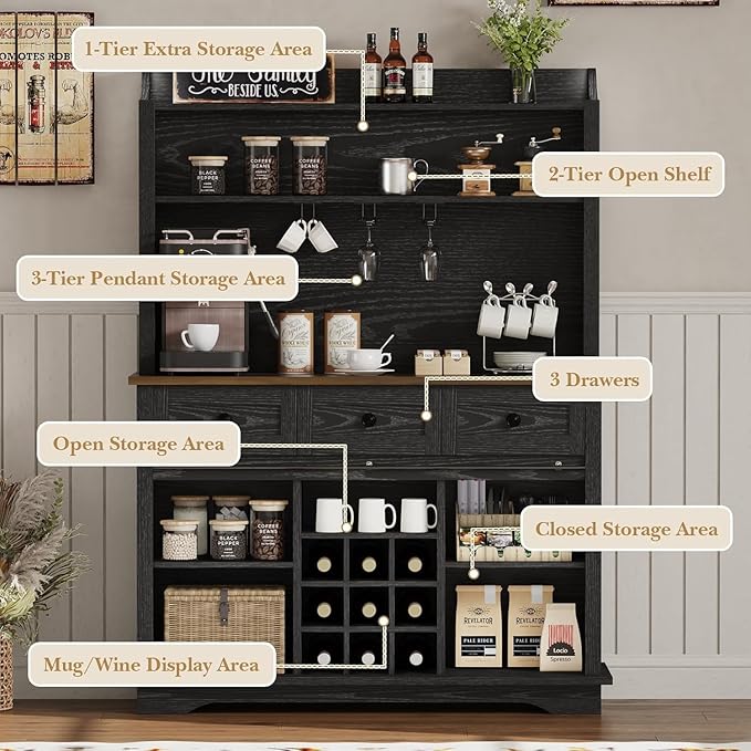63 Inch Tall Coffee Bar Cabinet with 3-Tier, Kitchen Hutch with 3 Large Drawers, Farmhouse Coffee Bar with 9 Wine Racks & 3 Glass Holders, Wine Storage Cabinet for Living Dining Room, Black