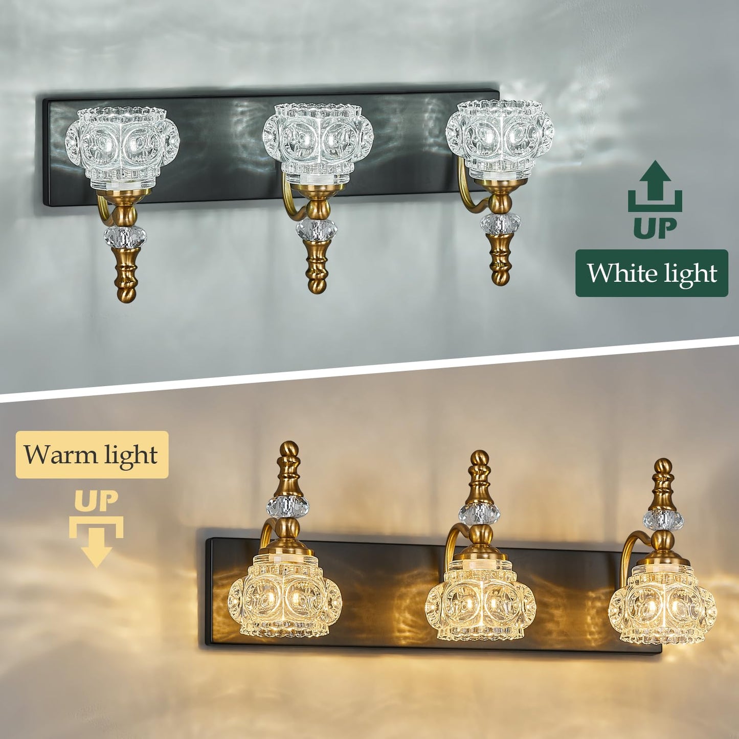 Lbsqj Bathroom Light Fixtures  Modern Glass Crystal Vanity Light Vintage Bathroom Lighting Fixtures Over Mirror 3 Light Vanity Lights G9 Bulb (19.68 Inch  Black Gold)