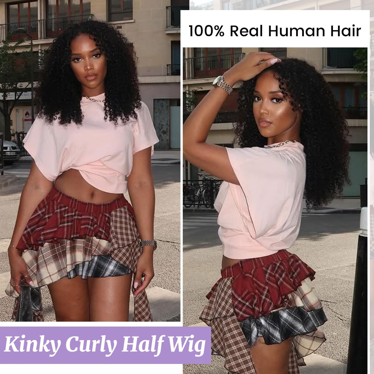 DSEKCAIN Kinky Curly Half Wig Human Hair 210 Density 100% Unprocessed Half Wig Curly Human Hair 3 In 1 Wigs With Drawstring Seam