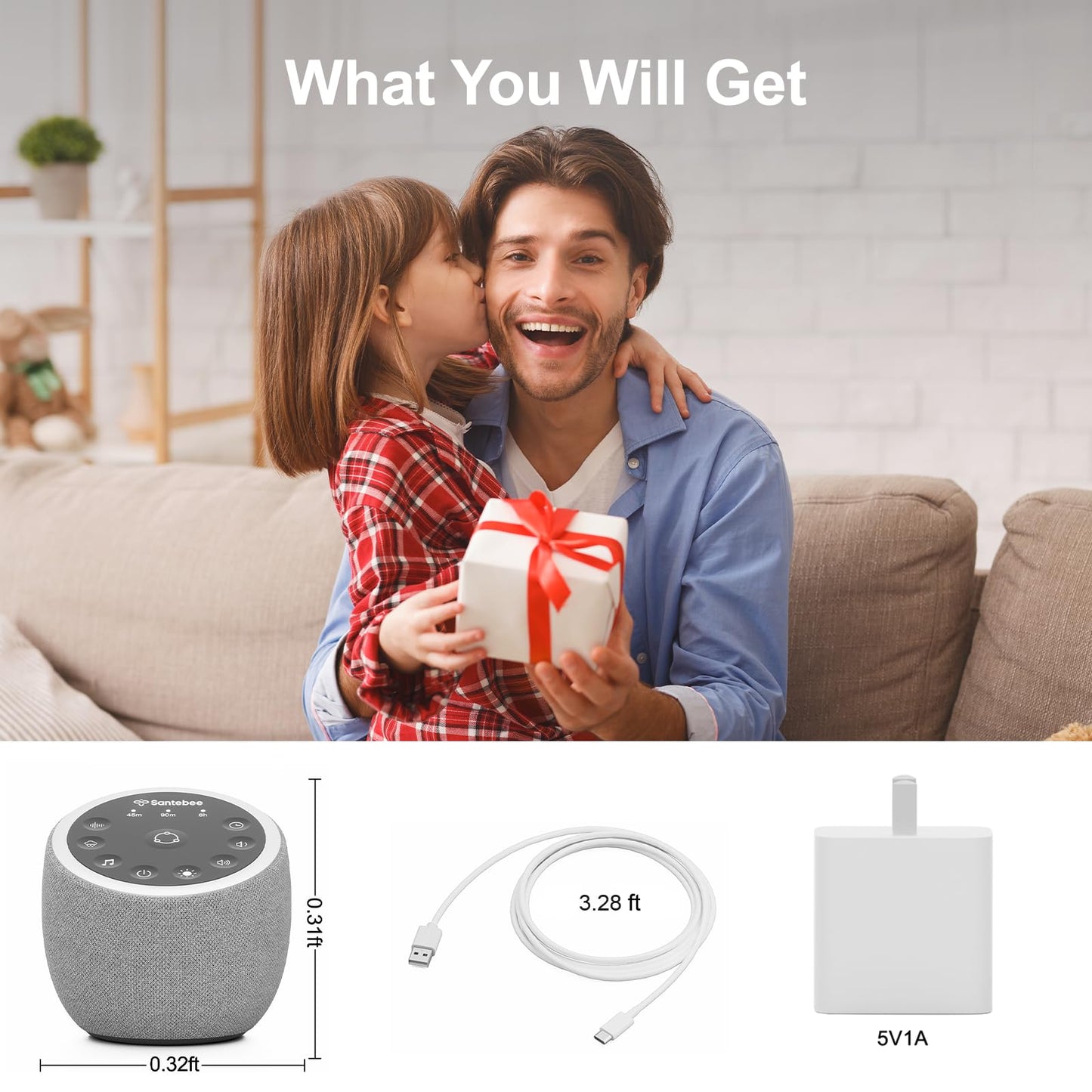 White Noise Sound Machine for Sleeping, 388 Soothing Sounds, Smart APP Control, Custom Buttons, Non Looping Natural Sounds, Bedside Dimmable Clock, Night Light, Santebee for Adults Baby Kids Lullaby