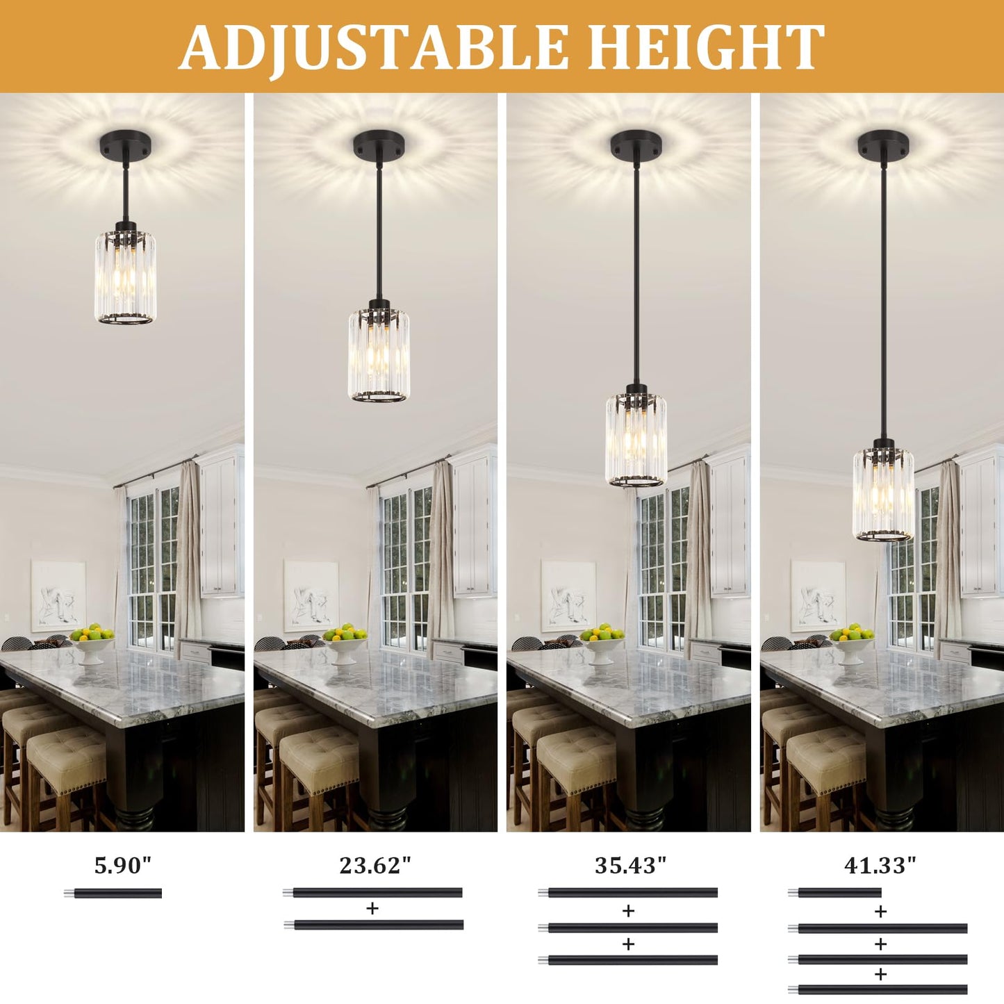 Zsmihdoh 2 Pack Black Pendant Light  Modern Crystal Pendant Lights Kitchen Island Lighting  Hanging Light Fixtures Mini Chandelier Pendant Lights For Island Dining Room Hallway Bedroom