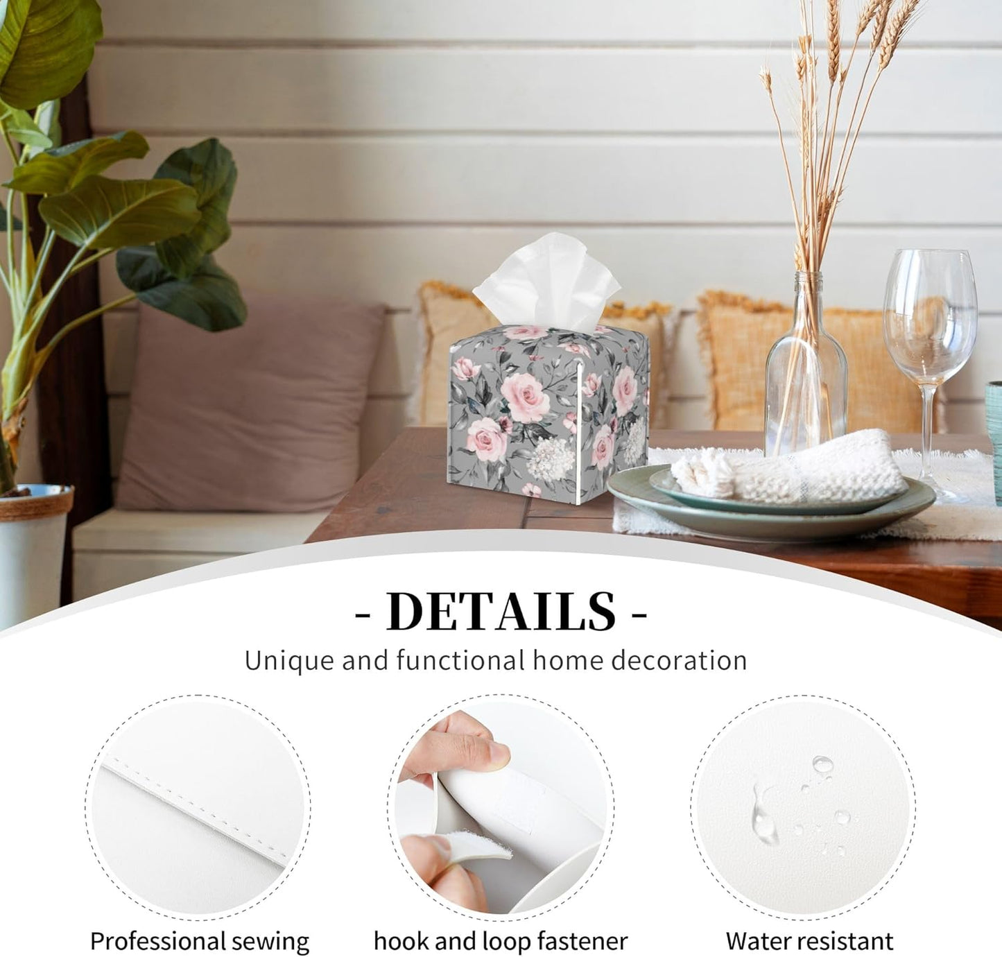 Pink Rose Flowers Tissue Box Cover Square,Colorful Spring Floral Tissue Box Holder Waterproof Leather Facial Paper Organizer Dispenser for Bathroom Home Car Nightstand Vanity Desk
