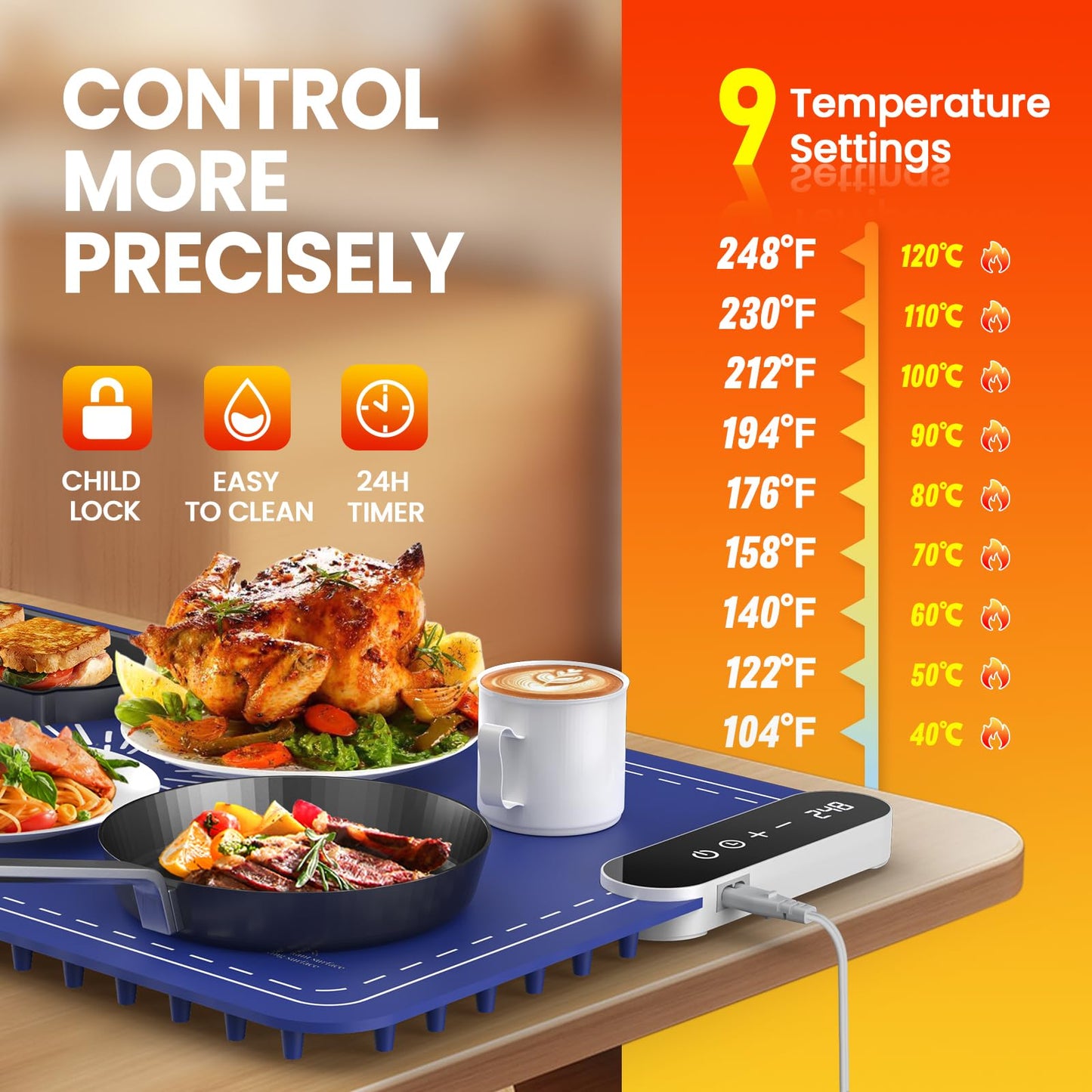Warming Mat for Food, Upgrade 248℉ Electric Food Warming Mats for Countertop and 9-Level Temperature Food Warmer, Silicone Heating Mat for Buffets, Party, Perfect Gifts for Men/Women/Mom/Dad