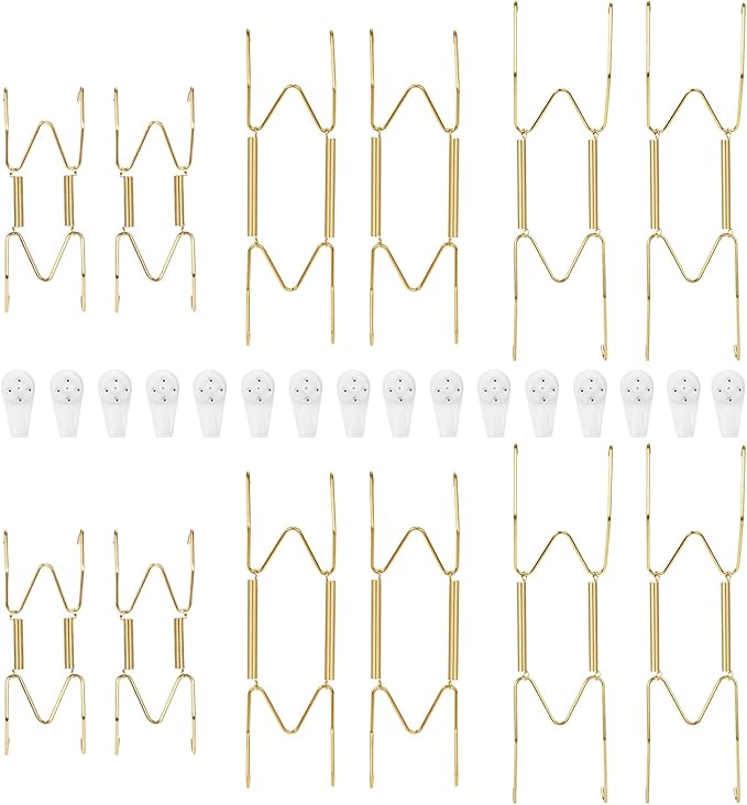 12-Pack Invisible Wall Plate Hangers, 4/6/8 Inch Brass Plate Holders with 16-Pack Wall Hooks