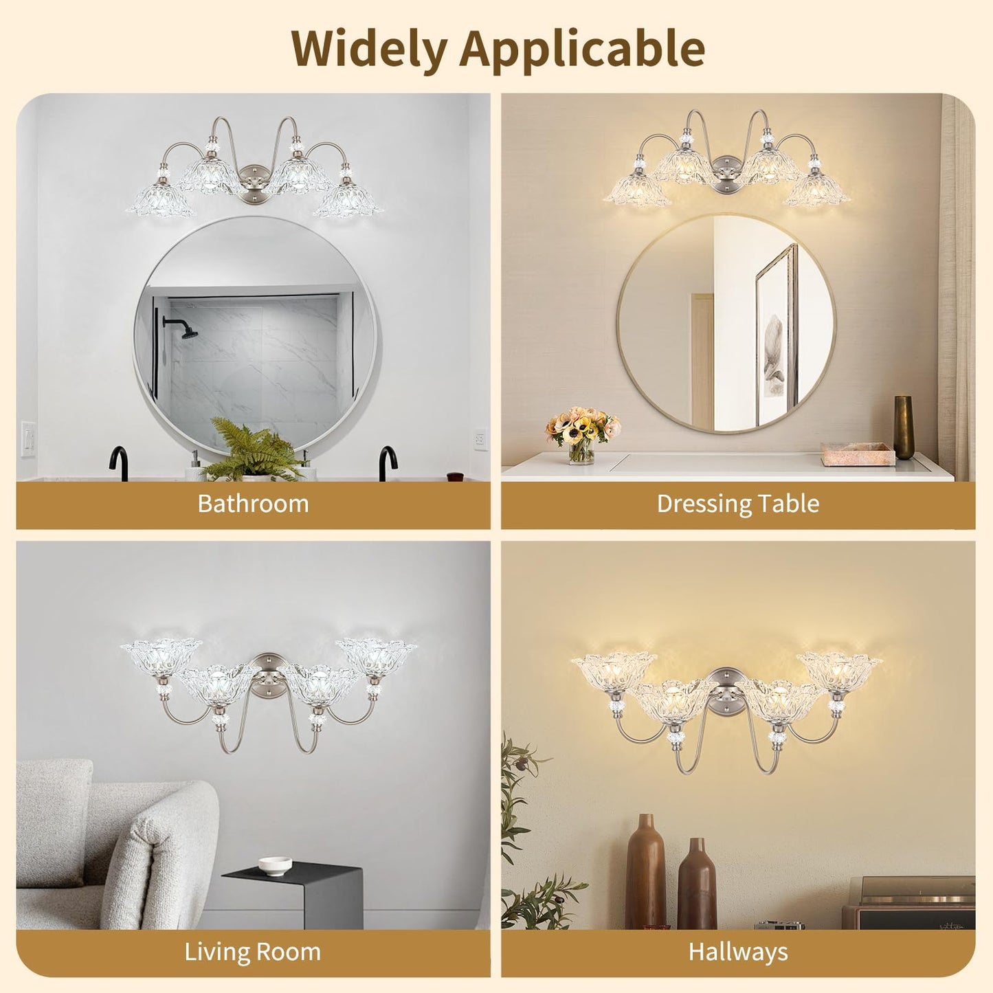 Brushed Nickel Bathroom Vanity Light  4-Light Vanity Light With Floral Clear Glass Shades  Brushed Nickel Wall Mount Lighting For Bathroom  Dressing Table