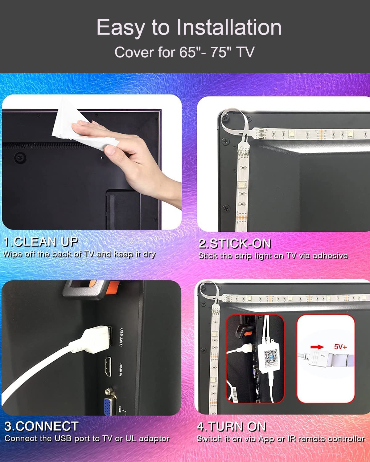 Gupup Led Backlight For 55-75 Inch Tv, Multicolor Usb Lights, 15 Ft With Remote, Model Wfds023