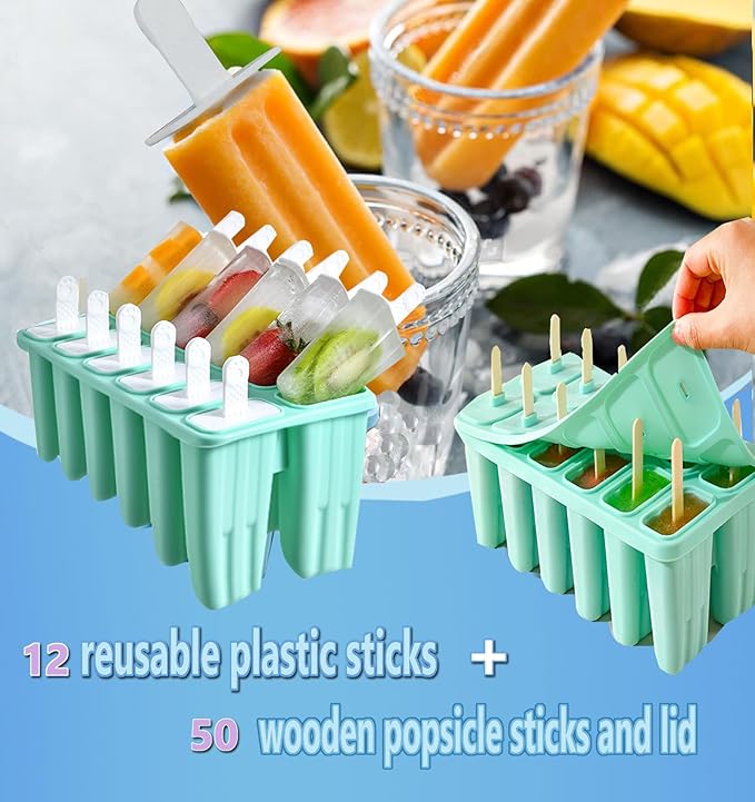 Silicone Popsicle Molds with Sticks Wpunwen 12 cavity Ice Popsicle MoldsIce Cream Mold with Clean Brush 12 Reusable Sticks 50 Sticks 50 Bags Green