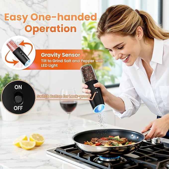 Gravity Electric Salt and Pepper Grinder Set with LED Light, Automatic Rechargeable Pepper Mill Grinder, Adjustable Coarseness for Peppercorn, Large Capacity for Home, Kitchen, 2 Pack