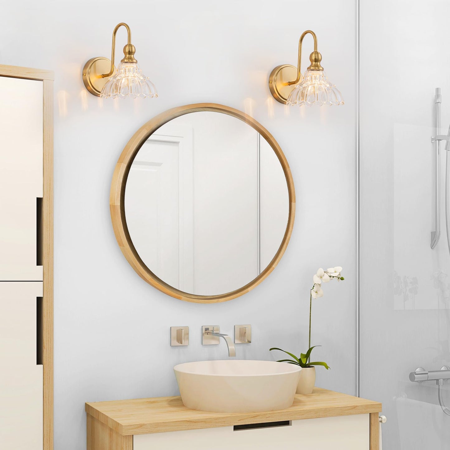 Brknit Vintage Bathroom Light Fixtures Over Mirror  1-Light Brass Wall Sconce Lighting With Flower Glass Shade  Farmhouse Vanity Lights For Bedroom Kitchen Living Room Hallway Light