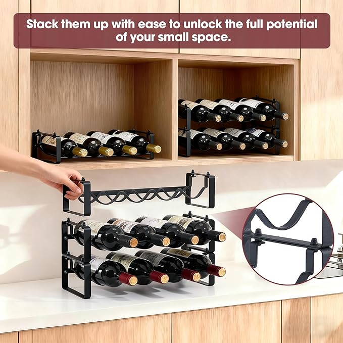 Stackable Wine Rack Countertop, 4 Bottles Wine Bottle Holder for Inside Cabinet, Small Tabletop Wine Holder Stand for Pantry Bar, 1-Tier Angle Adjustable Wine Bottle Rack for Tight Spaces