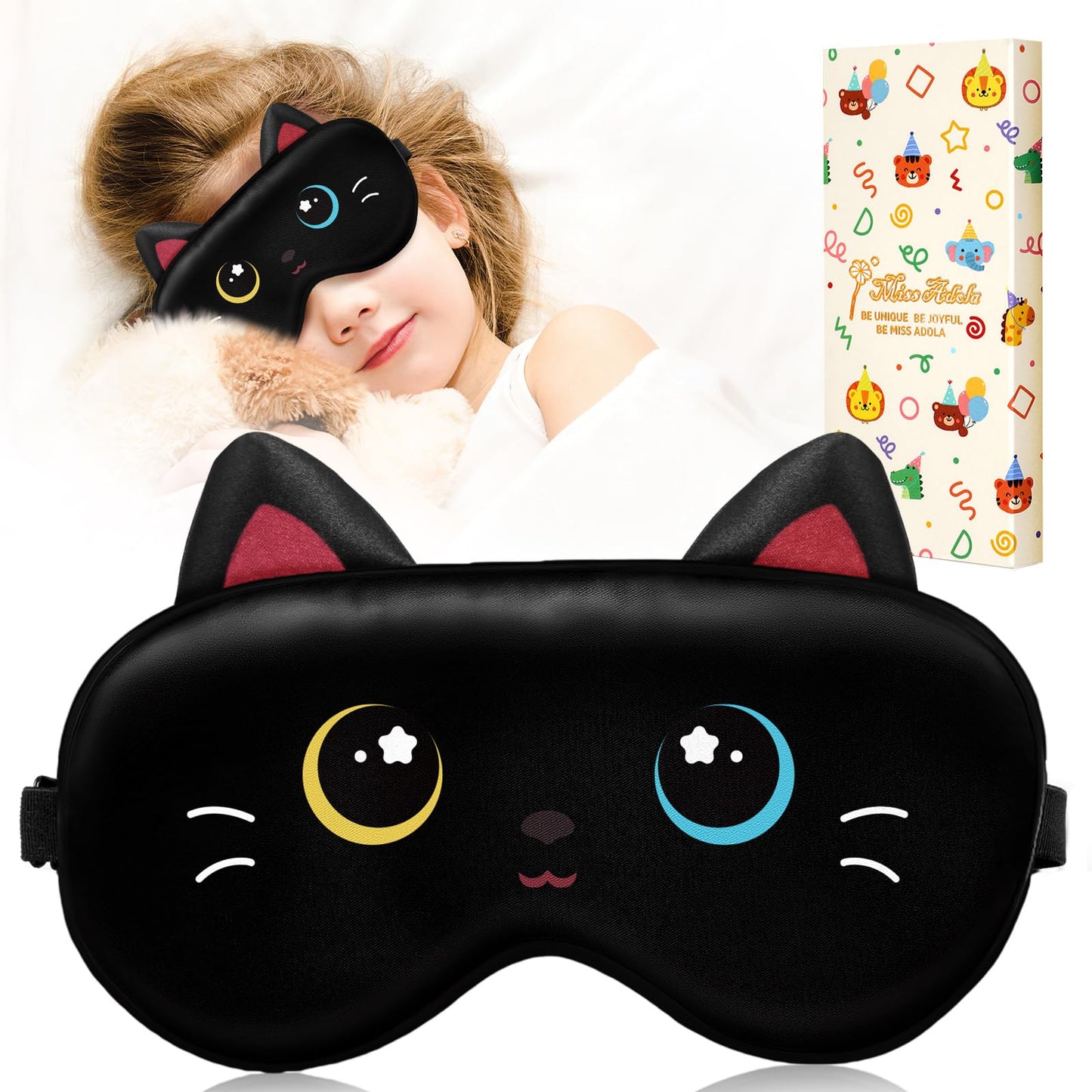Miss Adola Sleep Mask for Kids - Valentines Gift for Kids Cute Silk Eye Cover for Sleeping Soft Kawaii Eyeshade Animal Eye Blindfold with Adjustable Strap for Girls Teens, Black Cat