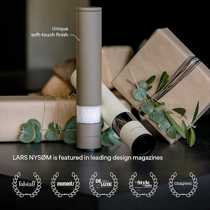 LARS NYSØM Salt Pepper Mill Manual with adjustable ceramic grinder from coarse to fine I Design Spice Mill (Almond Beige)