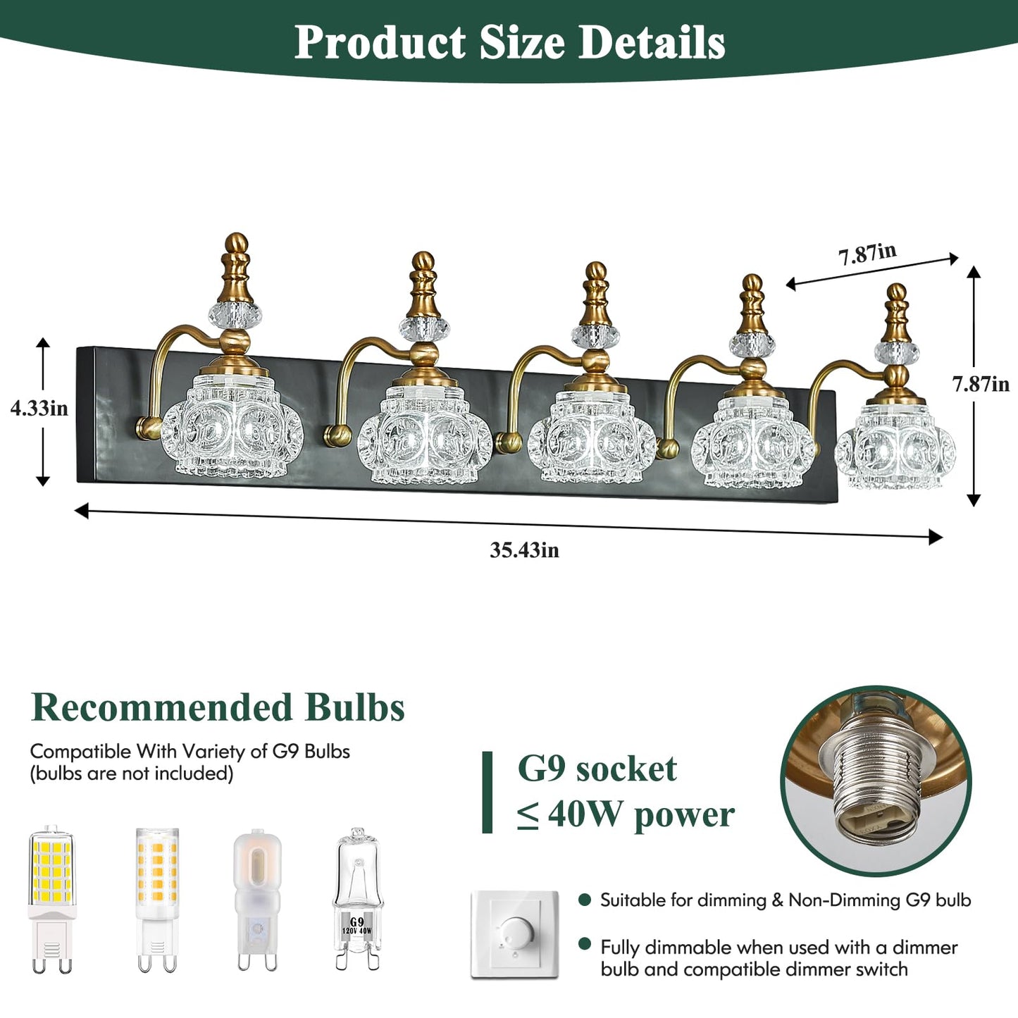 Lbsqj Modern Glass Crystal Vanity Light - Vintage Bathroom Lighting Fixtures Over Mirror  5 Light Vanity Lights G9 Bulb (35.43 Inch  Black Gold)