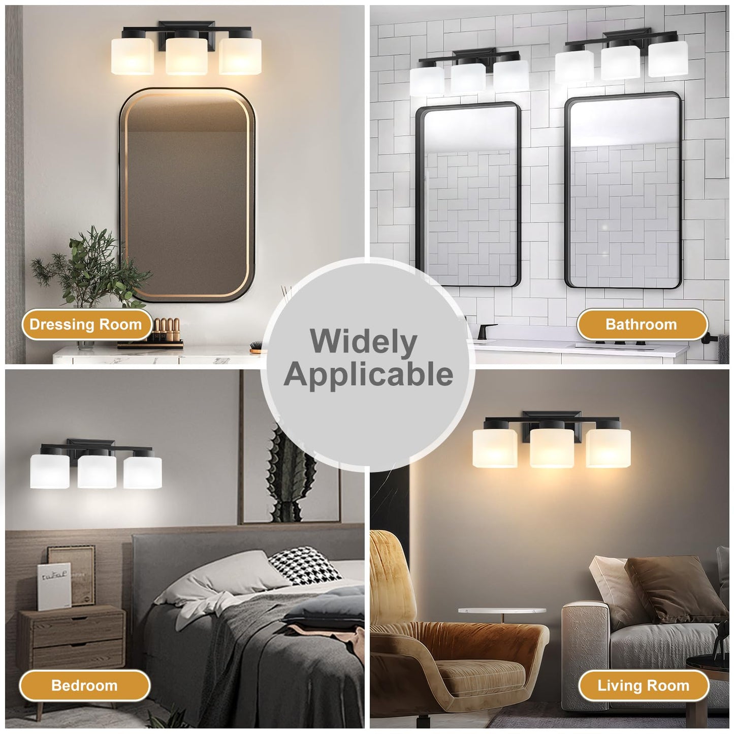Ejiaxin 3-Light Bathroom Light Fixtures - Black Bathroom Vanity Lights With Frosted Glass Shade Modern Bathroom Lighting Fixtures Over Mirror - Wall Sconce Lamps For Bedroom Living Room Hallway